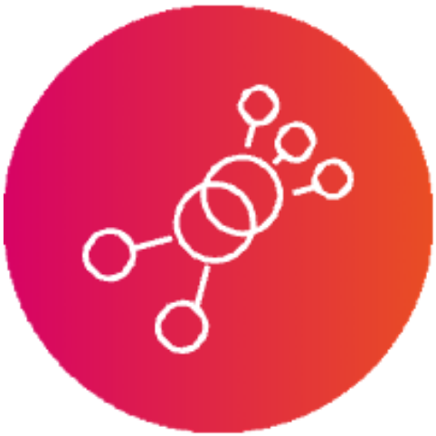 Simplified molecular structure diagram with interconnected circles and lines on a red and pink gradient background.
