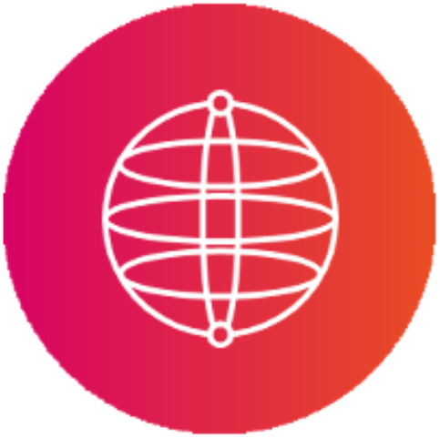 White icon of a globe with horizontal and vertical lines on a pink and orange gradient background.