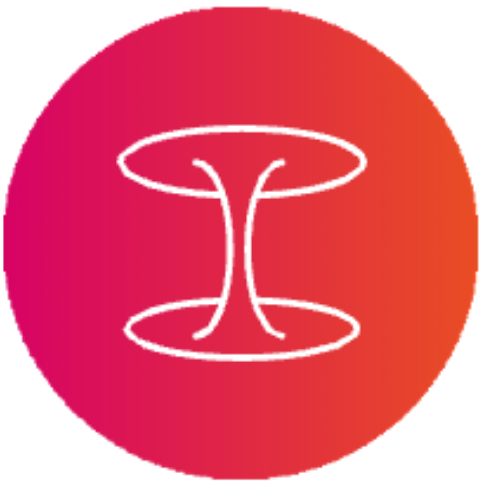 White line art of a wormhole on a pink and orange gradient circular background.