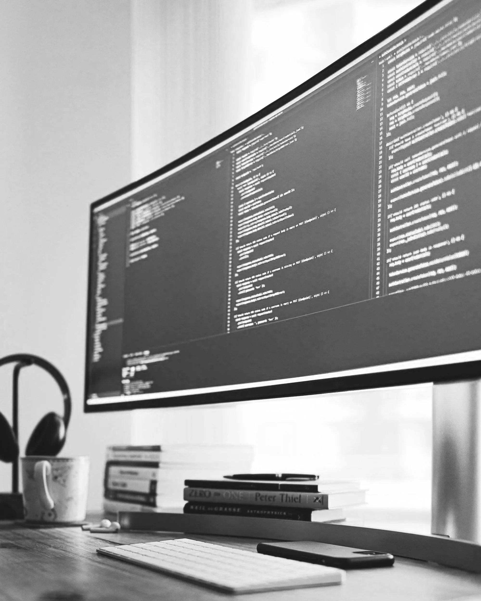 A computer monitor displaying lines of code, with a desk below holding books, a smartphone, a keyboard, and a pen, with headphones placed on a mug and a window in the background.