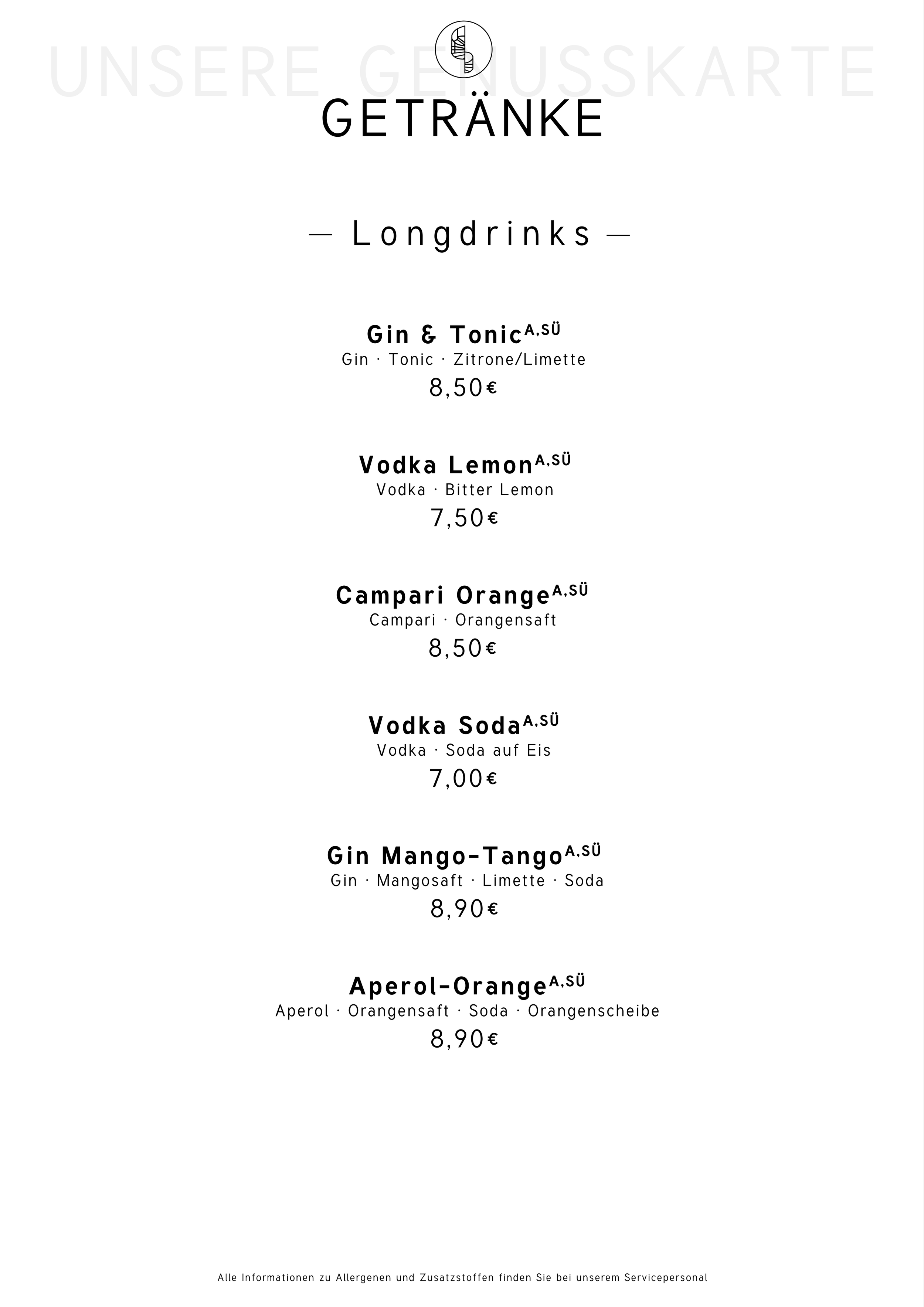 Getränkekarte mit verschiedenen Longdrinks, darunter Gin & Tonic, Vodka Lemon, Campari Orange, Vodka Soda und Gin Mango-Tango, jeweils mit Preisen zwischen 7,00 € und 8,90 €.