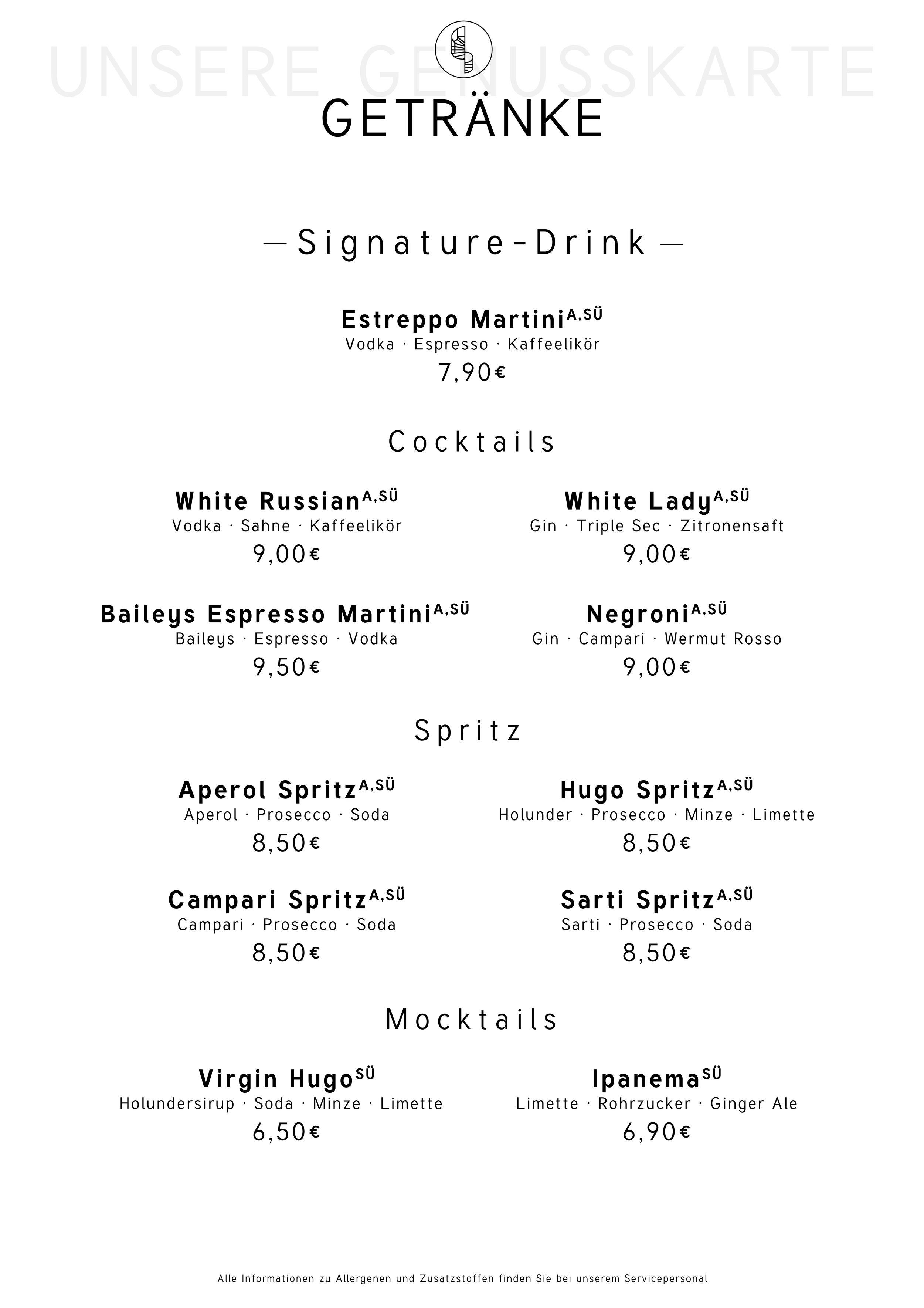 Getränkekarte mit verschiedenen Cocktails und Mocktails, inklusive Preisen. Cocktails: White Russian, White Lady, Baileys Espresso Martini, Negroni. Mocktails: Virgin Hugo, Ipanema.