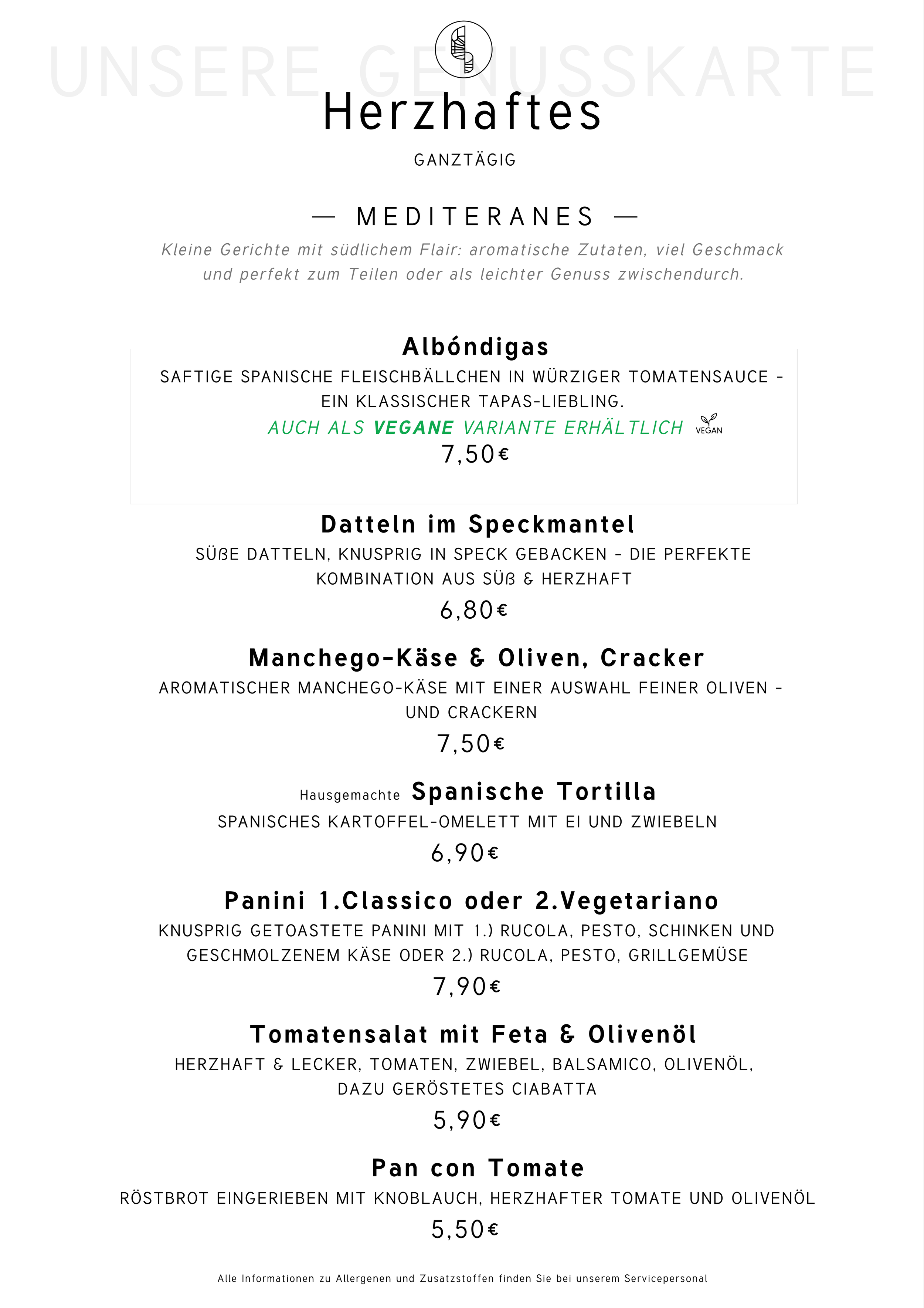 Speisekarte mit mediterranen Gerichten, einschließlich Albóndigas und Datteln im Speckmantel, spanischer Tortilla, Panini und Tomatensalat