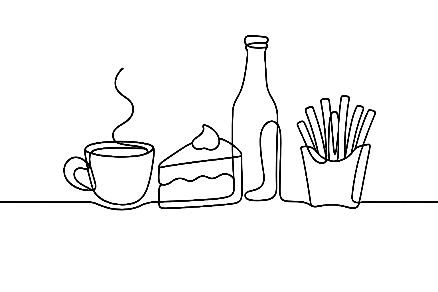 Linienzeichnung von einer Tasse mit heißem Getränk, einem Stück Kuchen, einer Flasche, und einem Behälter mit Pommes.