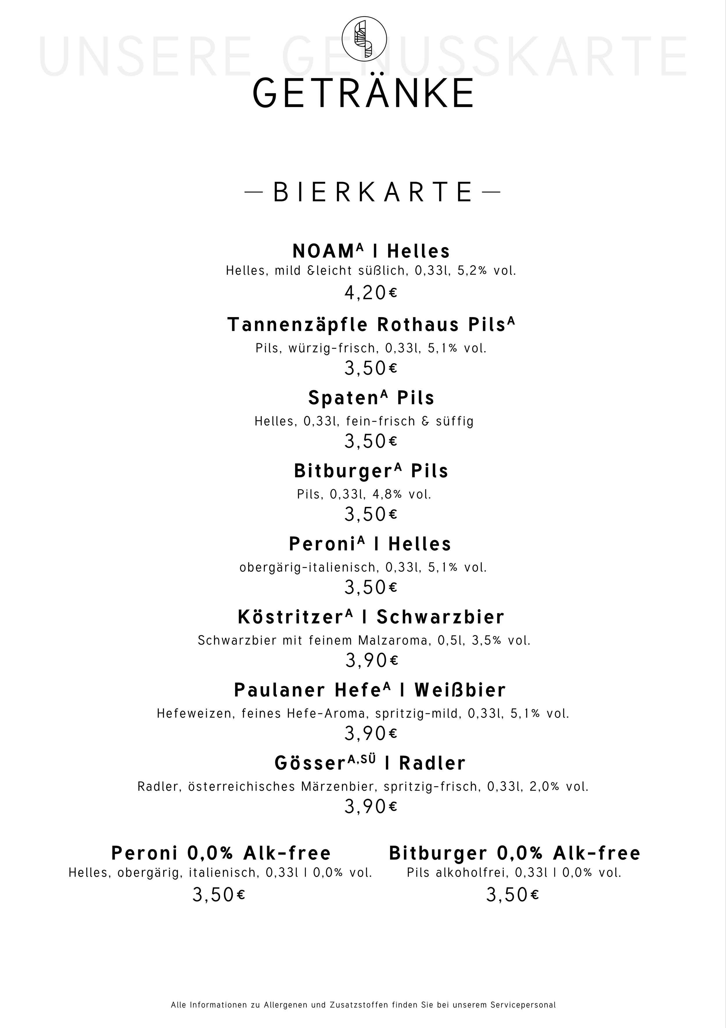 Getränkekarte mit verschiedenen Bieren, Weinen und alkoholfreien Getränken, inklusive Preise, Alkoholgehalt und Beschreibungen.