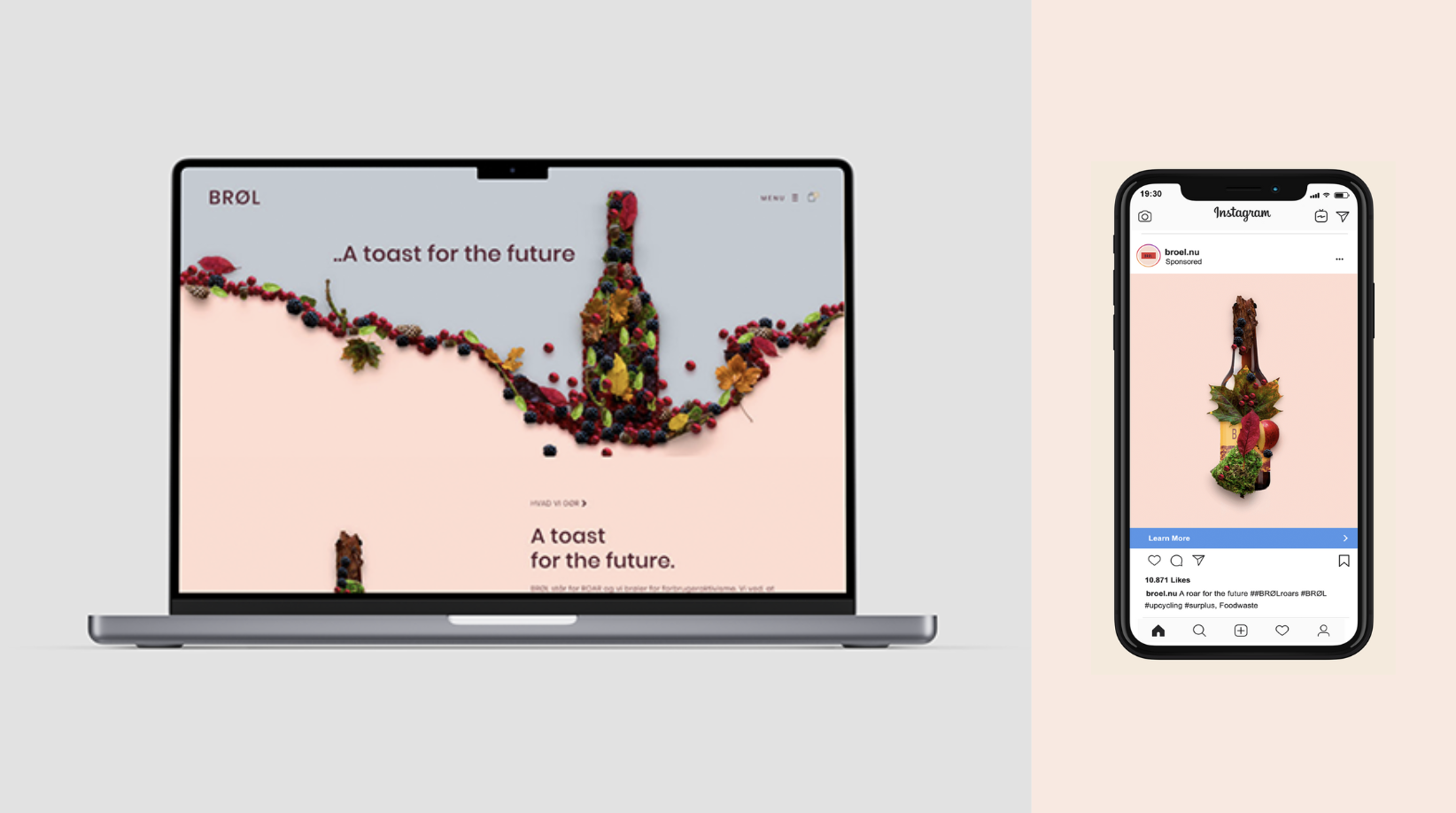 A laptop and smartphone display a digital advertisement for BØRL, featuring a bottle made of berries and food waste decorated with leaves, with the caption 'A toast for the future' and hashtag #upcycling.