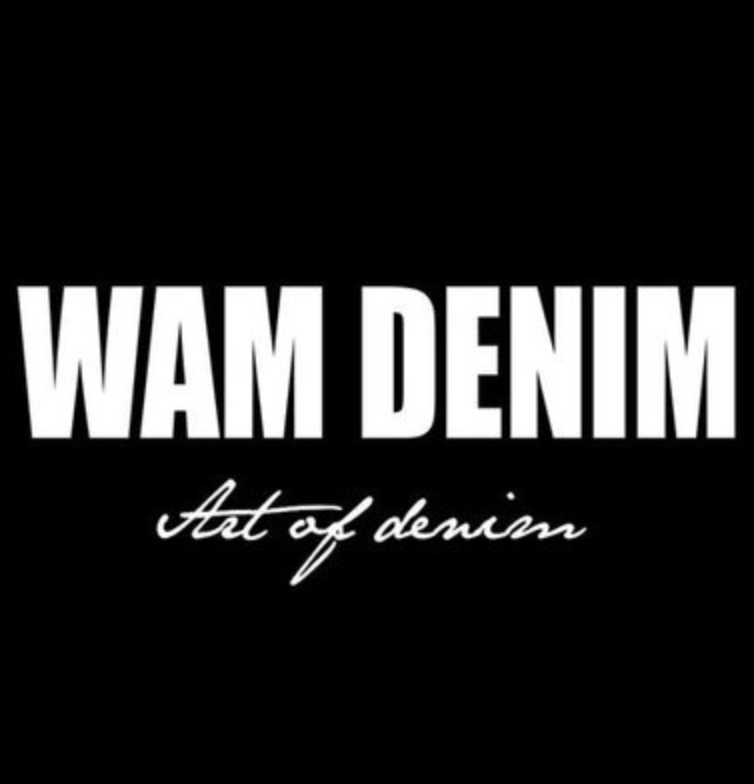 Black background with bold white text reading "WAM DENIM" and cursive white text below it that says "Art of denim."