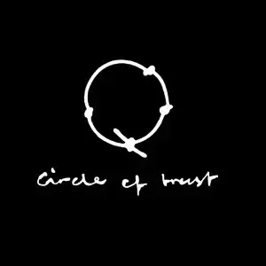 White minimalist circle with small node points on a black background, with the handwritten text "circle of trust" underneath.