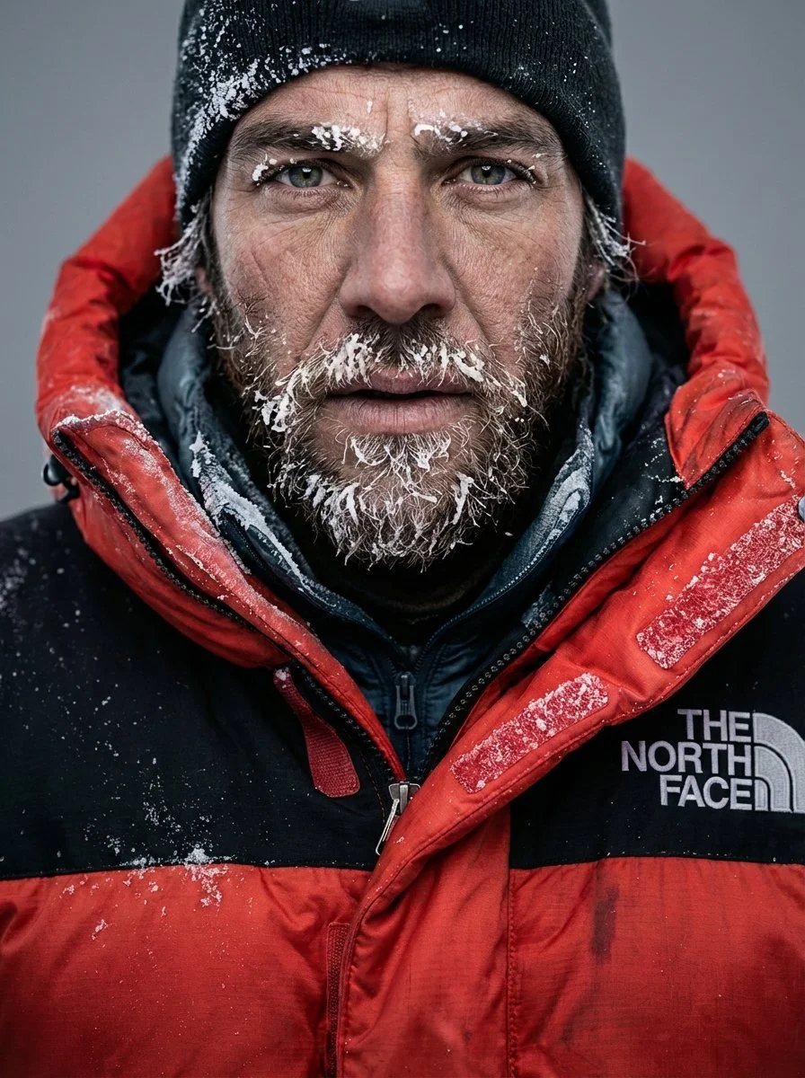 Close-up of a man with frost on his eyebrows, beard, and mustache, wearing a black beanie and a red winter jacket with a black collar, outdoors in cold weather.