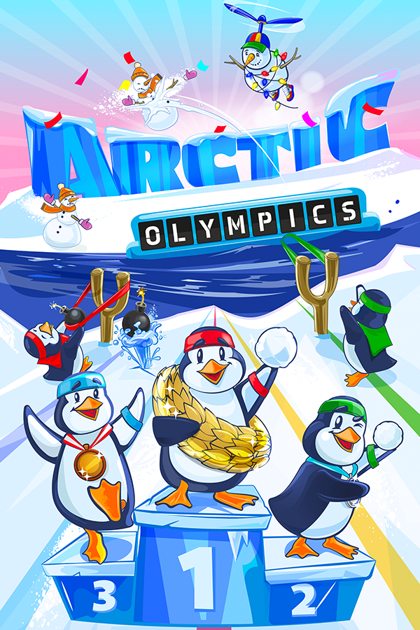 Cartoon penguins celebrating at the Arctic Olympics with medals, snowballs, and winter sports equipment, set against icy backdrop with snowmen and decorated snowflakes.