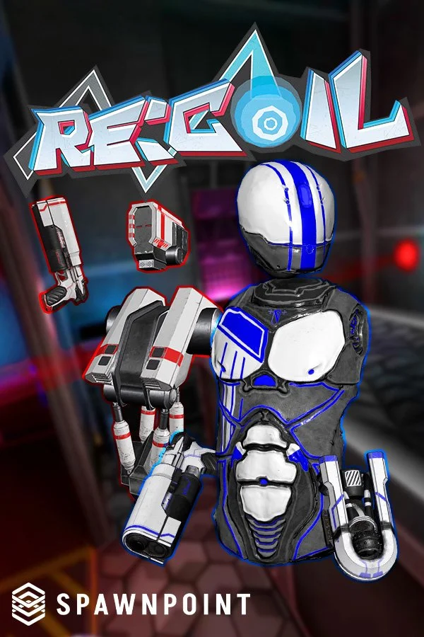 Gaming-themed digital artwork featuring a stylized robot with cybernetic implants and accessories, a holographic logo reading 'RECON' with a blue hexagon, and the text 'SPAWNPOINT' at the bottom.