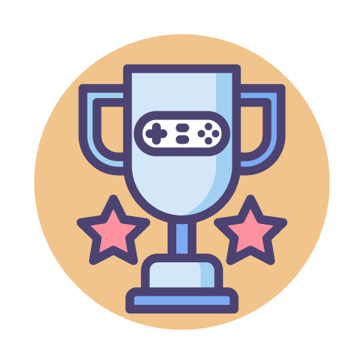 A trophy with a video game controller in the center, surrounded by two pink stars, on a beige circular background.