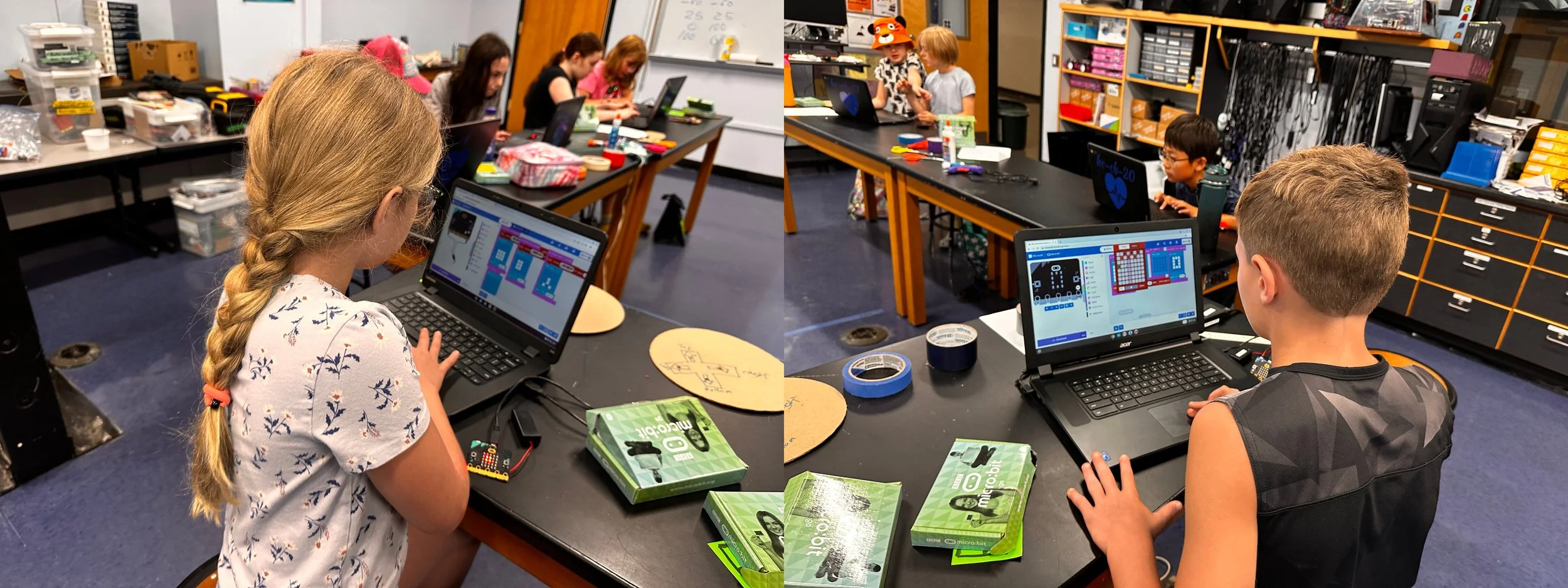 Children working on laptops in a classroom with electronic building kits, craft supplies, and other educational materials on the tables.