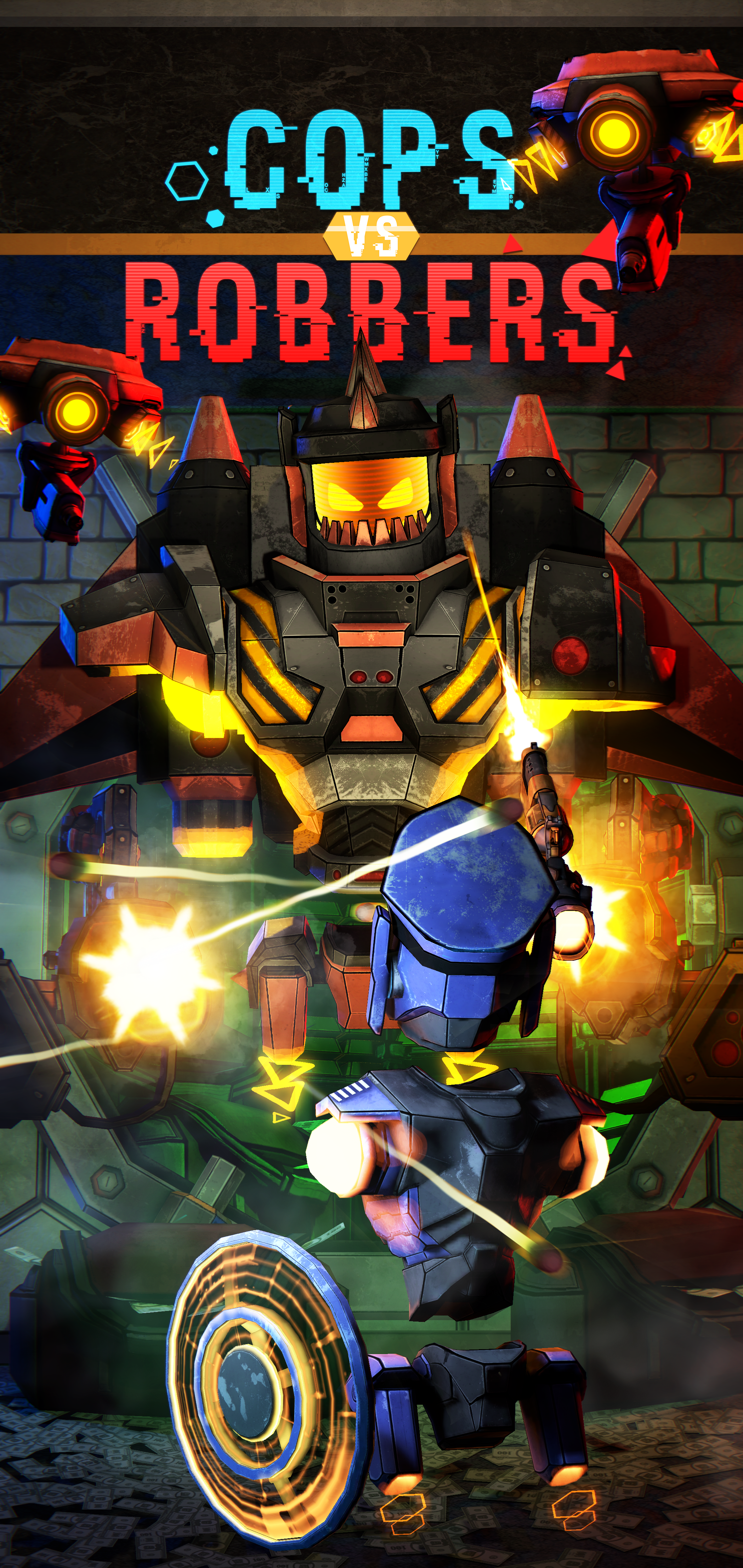 Animated game cover featuring a large robot with glowing yellow eyes and a menacing grin, shooting a laser, battling police officers in riot gear with shields, in a city setting with brick walls and neon lights, titled 'Cops vs Robbers'.