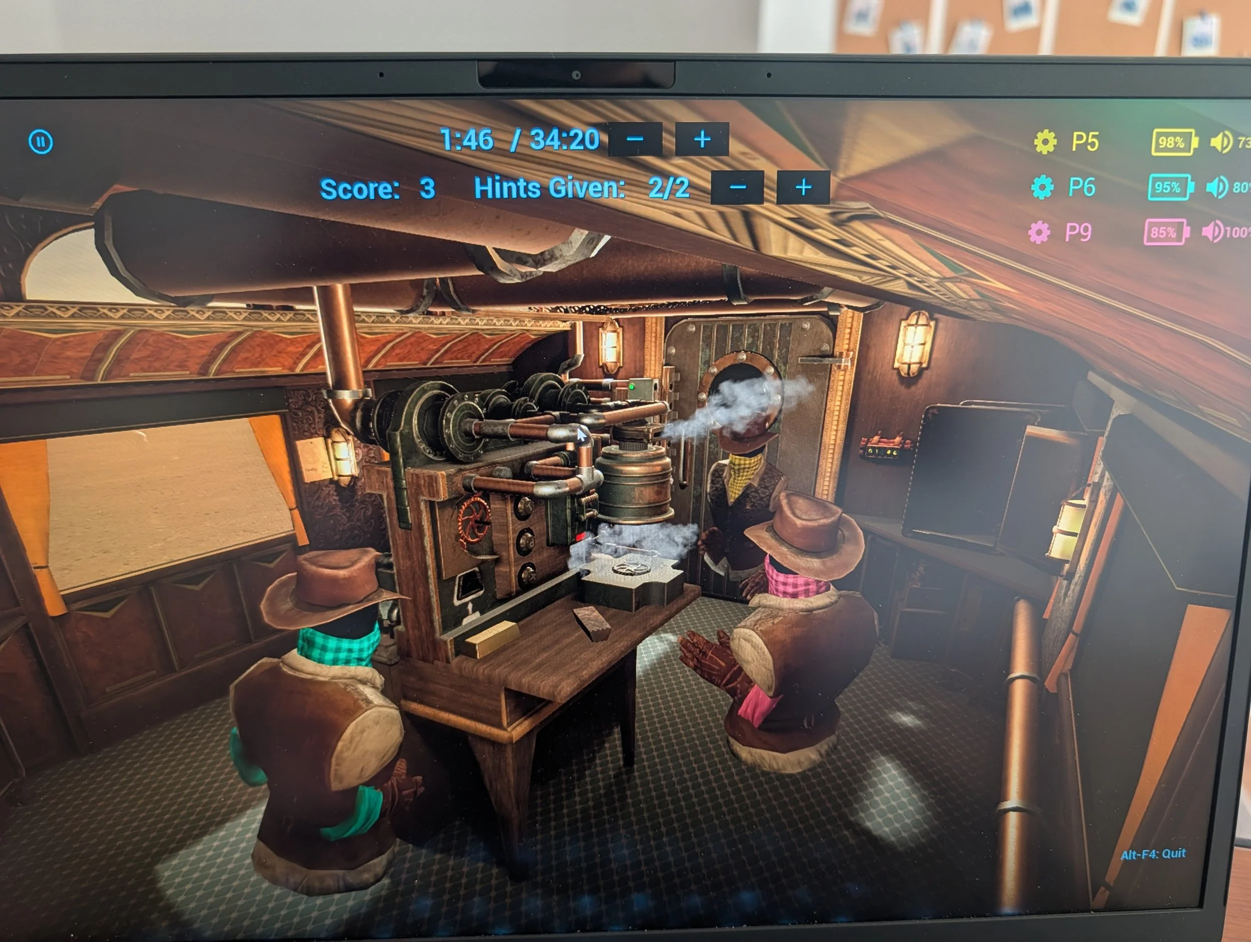 A virtual steampunk scene with three characters in hats and Victorian clothing gathered around a mechanical device emitting steam in a warmly lit room.