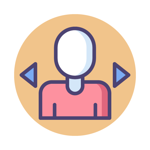 Icon of a person with a blank face, pink shirt, and two blue arrows pointing left and right.