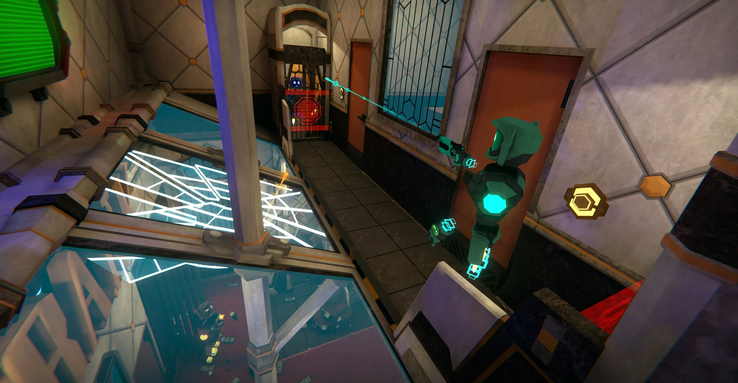A scene from a video game featuring a female character in a futuristic suit holding a gun, standing near a doorway with a robotic figure in the background, in a high-tech interior with glass floors and neon lighting.