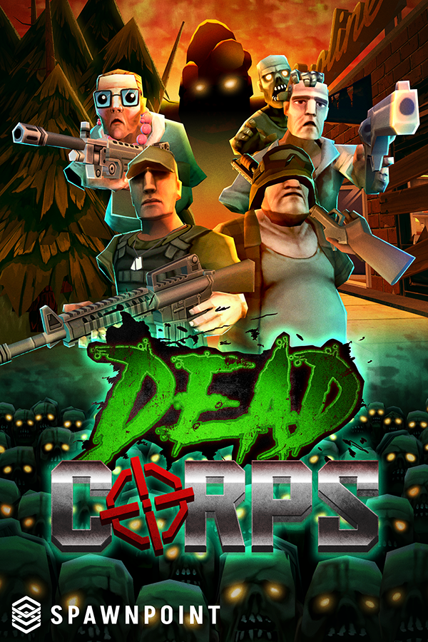 Video game cover art for Dead Corps, featuring cartoonish zombies and armed characters against a sunset background with zombies in the foreground.