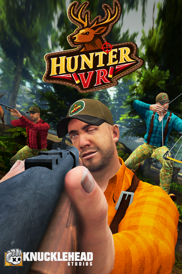 Screenshot from the video game Hunter VRI, showing a man aiming a gun in a forest, with two other hunters in the background, and the game logo at the top.