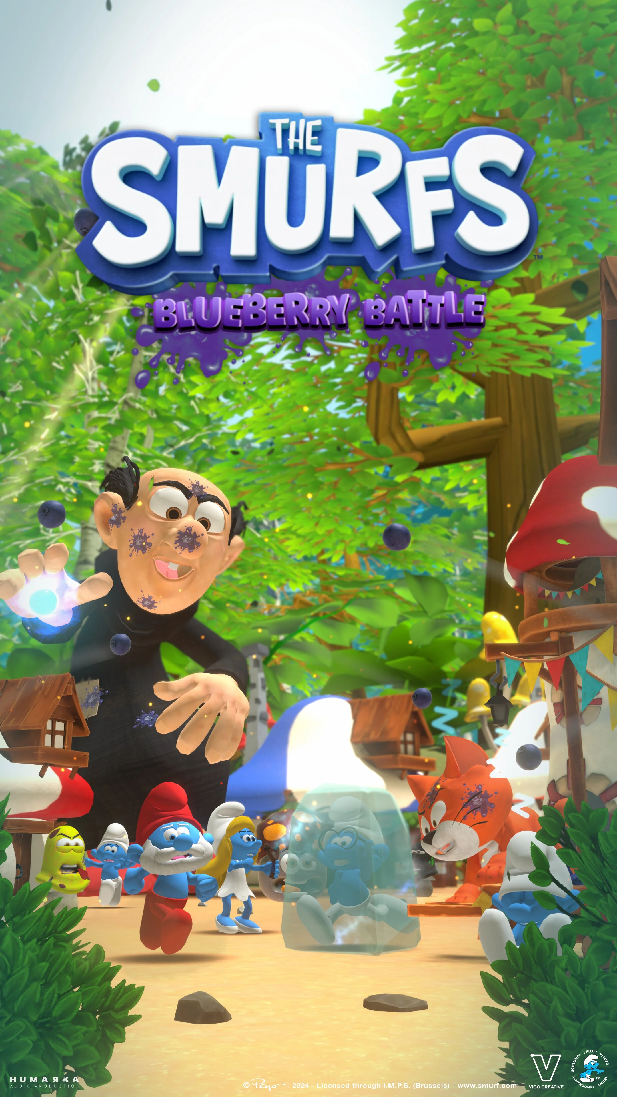 Cover art for a game called The Smurfs: Blueberry Battle, depicting a cartoon scene with Smurfs and a character resembling Gargamel in a forest setting with trees and village houses.