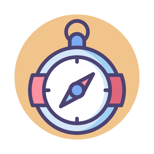 Illustration of a compass with a pink and blue design on a beige background.