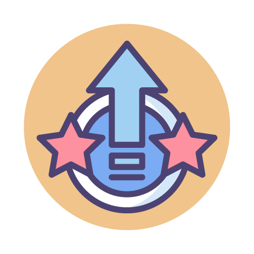 A circular icon with a blue arrow pointing upwards, two pink stars on either side, and a circular arrow surrounding them all, on a beige background.