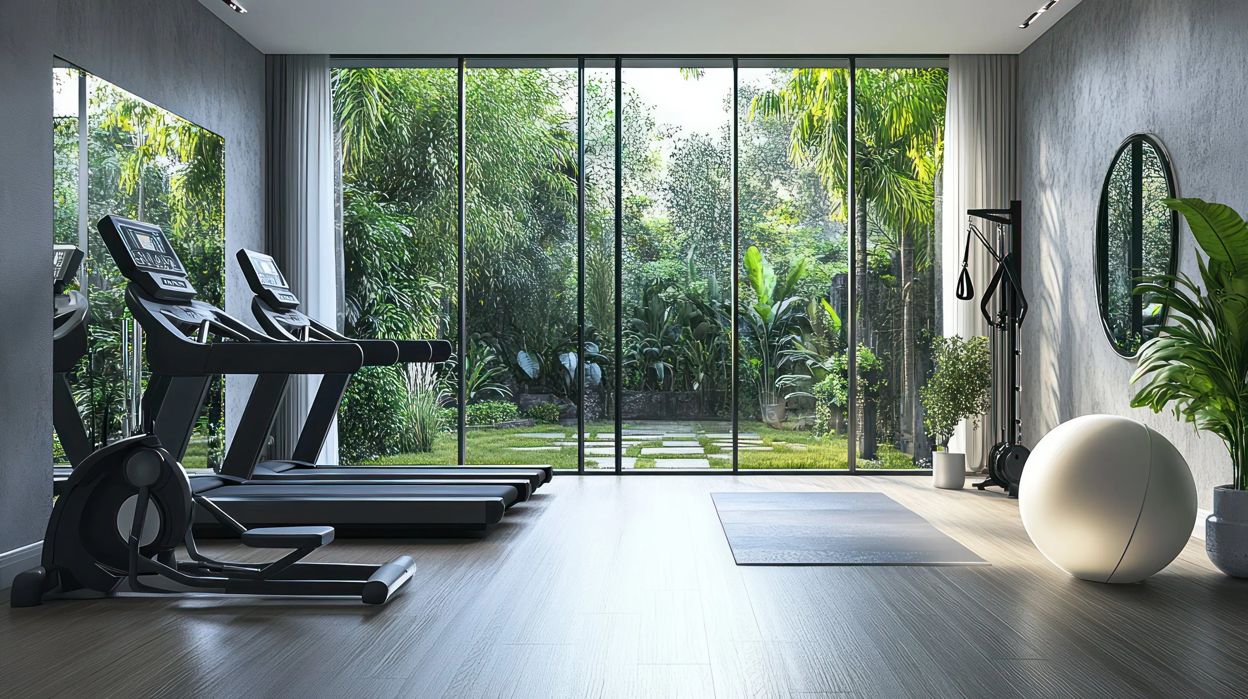 A home gym with two treadmills facing large glass doors that open to a lush outdoor garden, decorated with green plants and stepping stones.