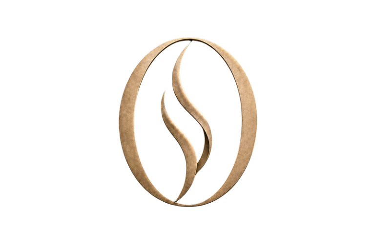 A 3D metallic logo with a circular shape, featuring a stylized flame or leaf design in the center.