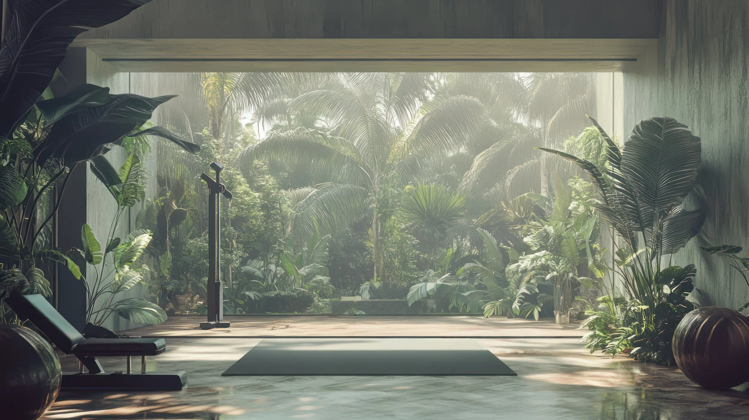 Indoor gym overlooking a lush green tropical garden with exercise equipment and workout mat.