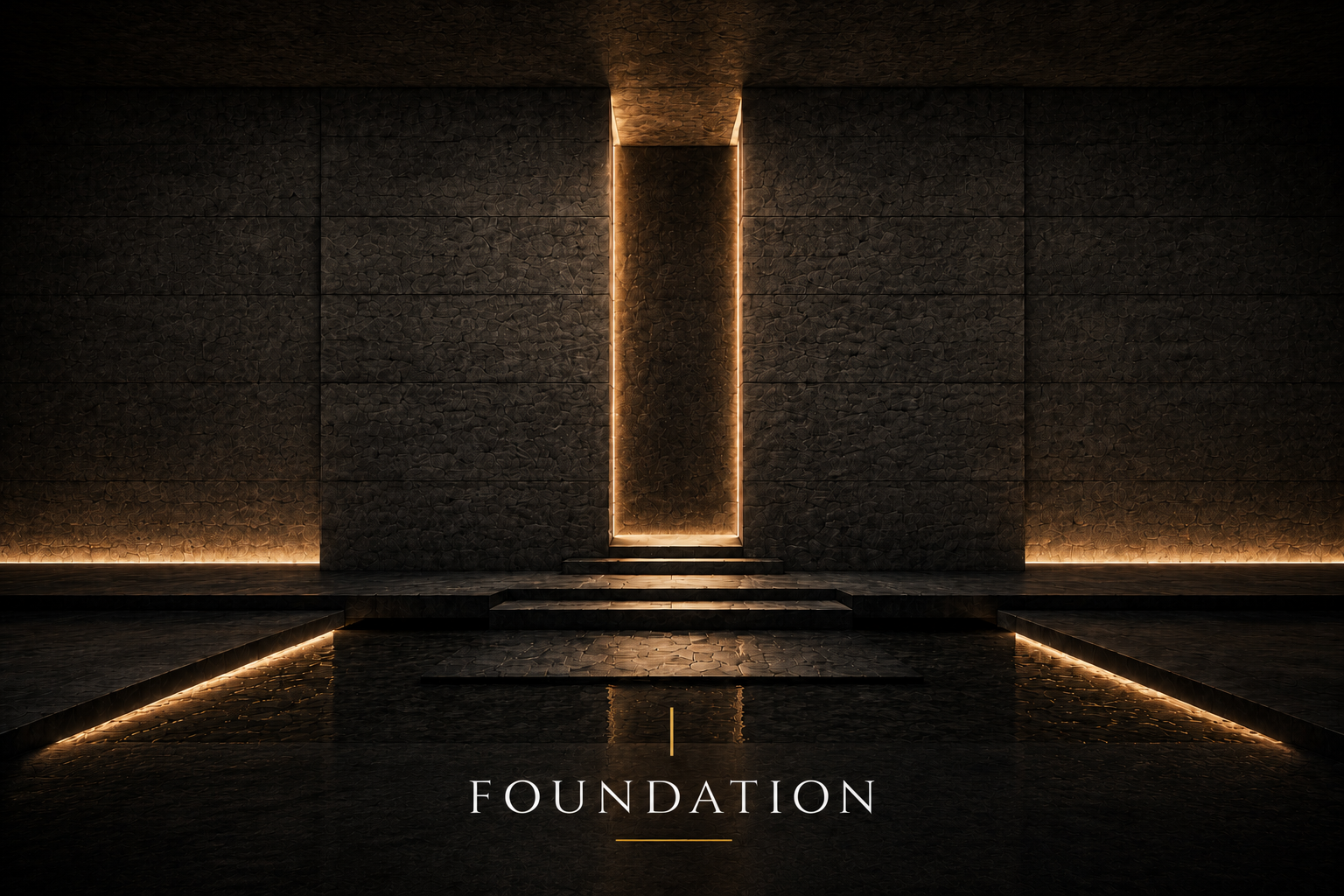 Dark, modern entrance with stone steps, a doorway framed by warm lighting, and a reflective pool in front. The word 'FOUNDATION' is written below.