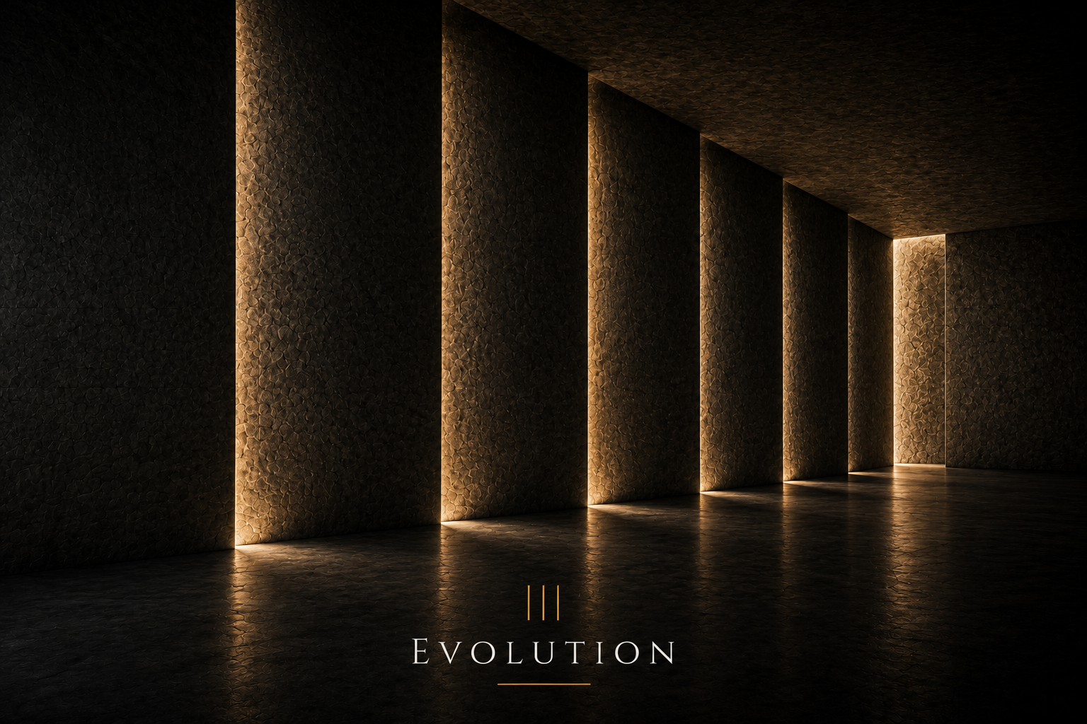 Dark minimalist interior with textured stone walls and narrow lighting slots, with the text 'Evolution' and three lines beneath it