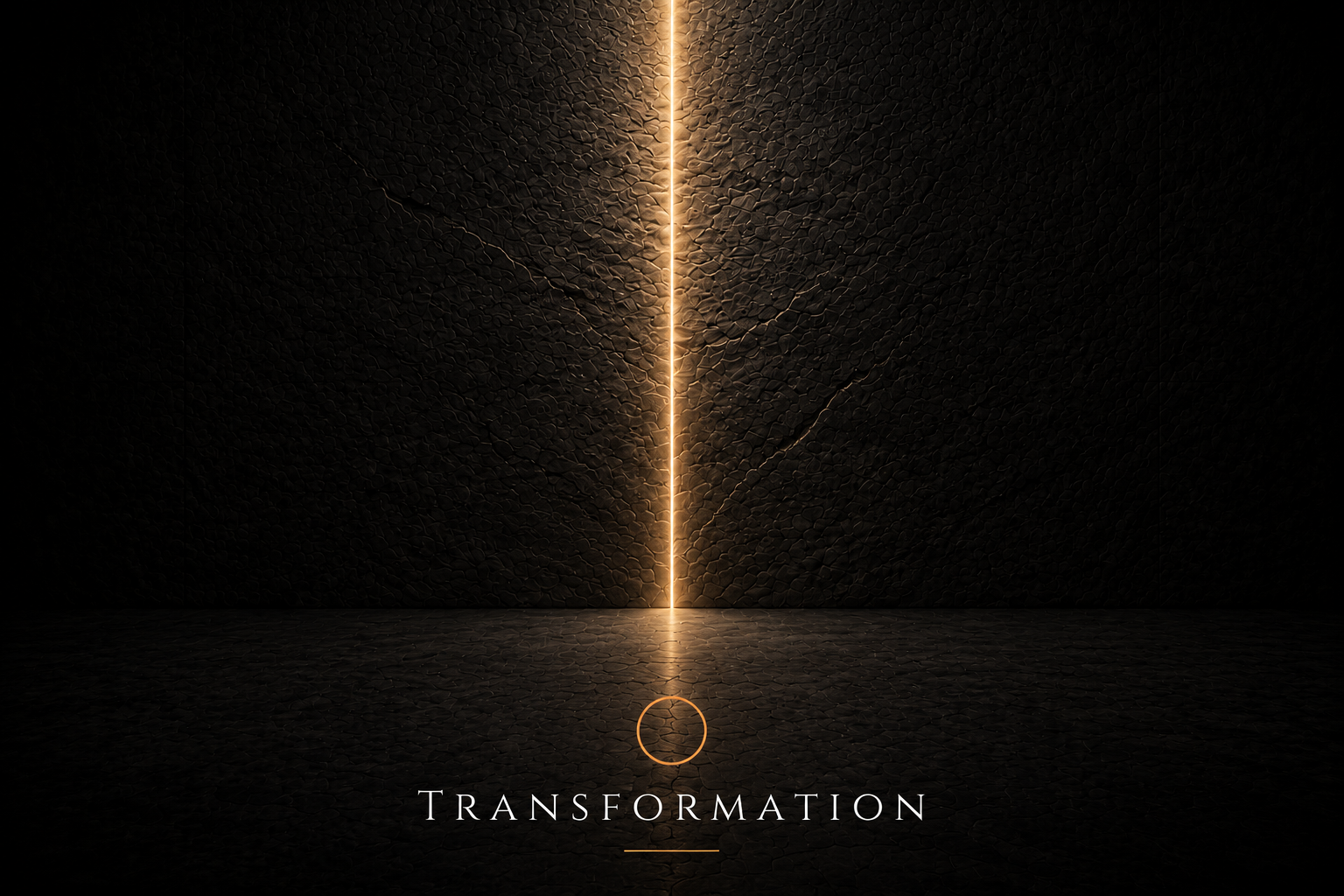 A dark textured wall with a vertical glowing line of light, reflecting on the floor, and the word 'Transformation' written below with a small circle icon.