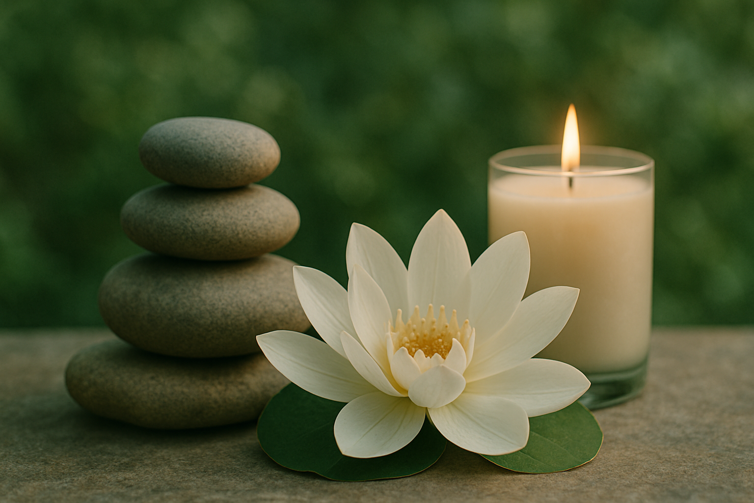 Stacked smooth gray stones, white lotus flower with green leaves, lit candle in a glass holder, all set against a blurred green background