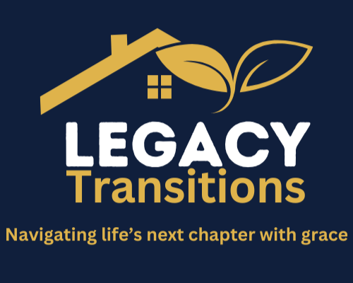 Logo with a house and leaf graphic, text reads "Legacy Transitions" and "Navigating life's next chapter with grace."
