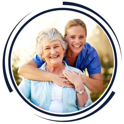 A caregiver with her hand wrapped around a senior in a loving gesture.