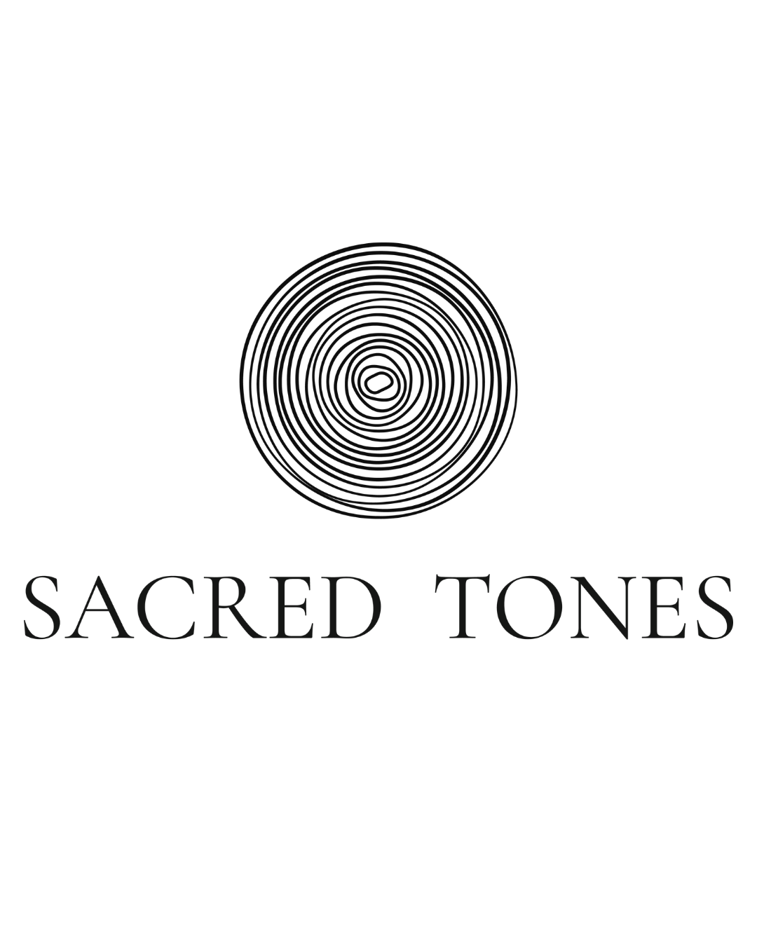 Black background with a circular design resembling a tree ring in the center and the words 'Sacred Tones' underneath in gray text.
