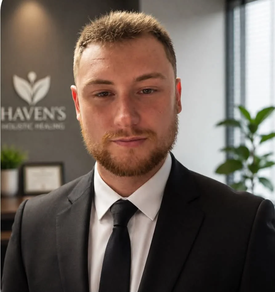 A man with a beard and short hair wearing a black suit, white shirt, and black tie, standing in an office with the company logo 'HAVENS' in the background, along with plants and framed documents.