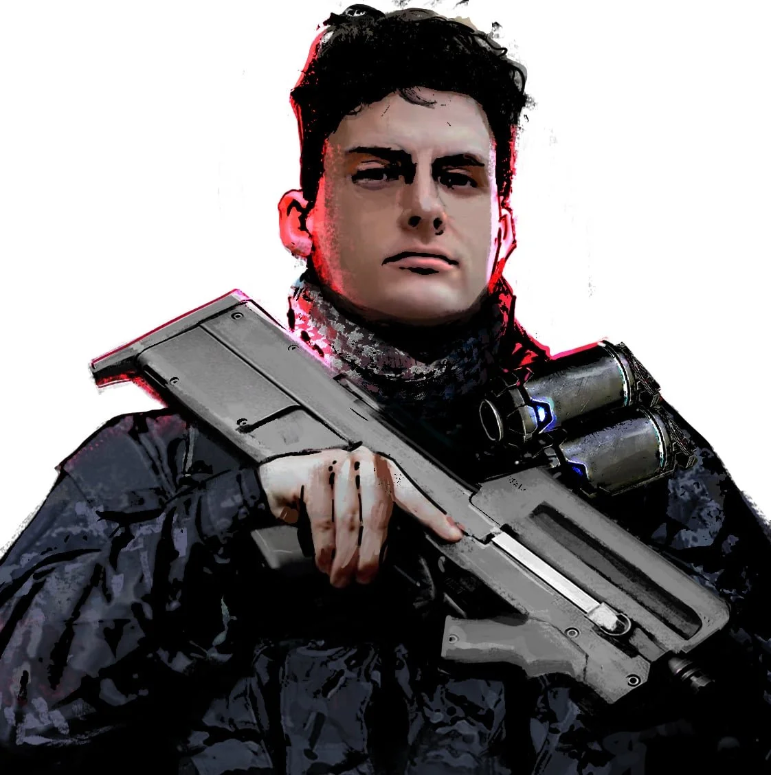 A character from Liberty: Critical Research, a science fiction podcast. A man with curly hair and a partial smile. He wears a collared white shirt.