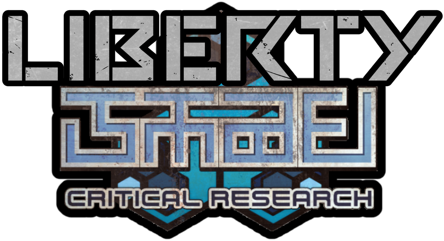 Two hexagons with a hexagon over it creating a blue and grey triangle - the emblem of the Special Defense Force. Text Reads: Liberty Critical Research. In Atrian the initials for the Special Defense Force are written.