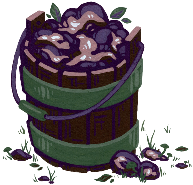A drawing of a bucket of rotting plumbs in a wooden bucket. These are found in Don't Mind Cruxmont, a mystery fiction podcast