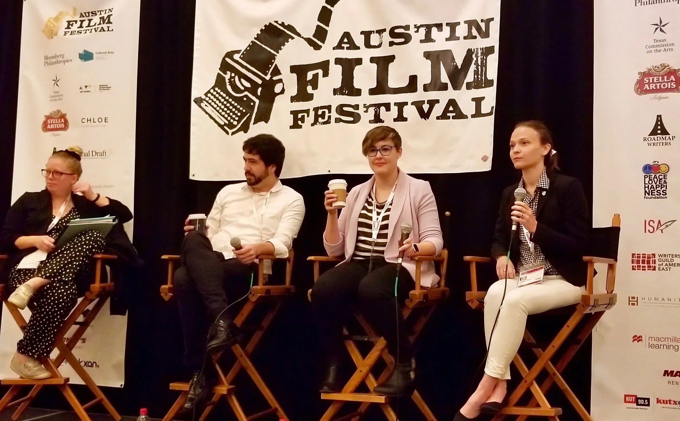 K.A. Statz and other creators speak at a panel at the Austin Film Festival on writing for audio drama.