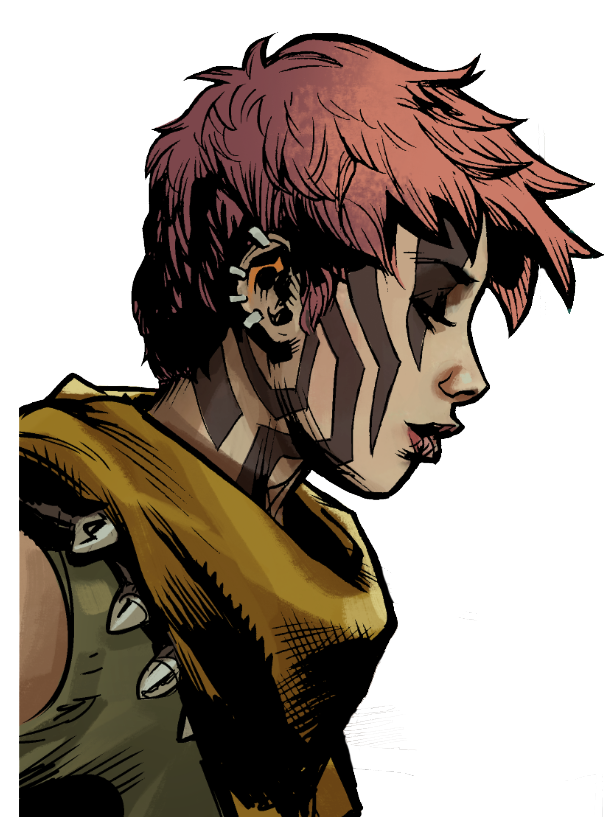 A woman Fringer with short red-dyed hair, a yellow bandanna, and black tattoos that spider across her neck, cheek, and eye. She had pierced ears and a necklace of bullets. She wears a green sleeveless shirt and looks relaxed.