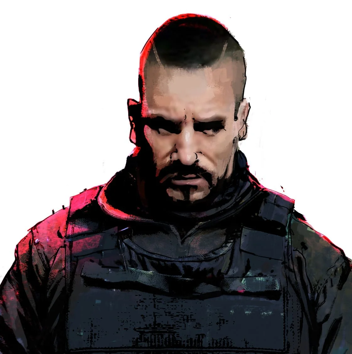 A character from Liberty: Critical Research, a science fiction podcast. A tough looking man with military-short hair that is stubble on the sides. Scars line the back of his head and he's dressed like a Fringer.