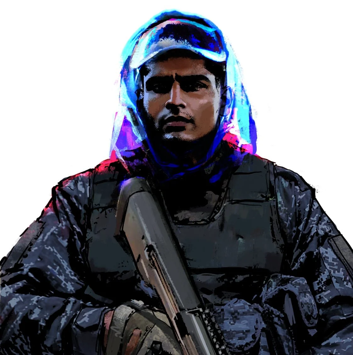 A character from Liberty: Critical Research, a science fiction podcast. A man with short wavy black hair wears an officer's garb. His sash is white, indicating that he's not a unit commander.