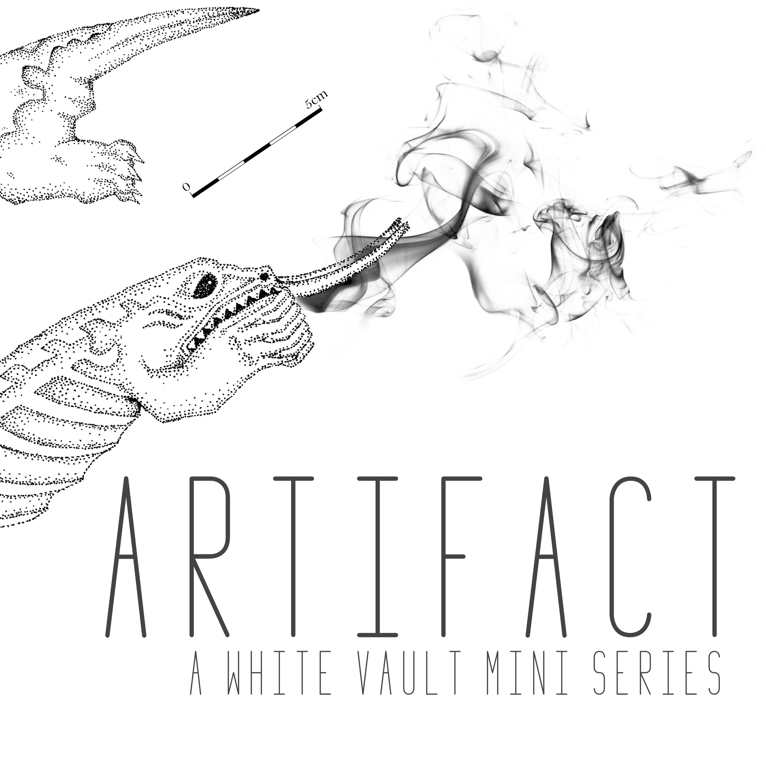 The cover art for White Vault Artifact, a horror podcast miniseries. It's an archaeological illustration of a monstrous statue. Its hands are over its mouth but smoke trails between its tusks.