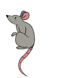 A character from The Boar Knight, an all-ages fiction podcast. A small curious mouse, sniffing the logo.