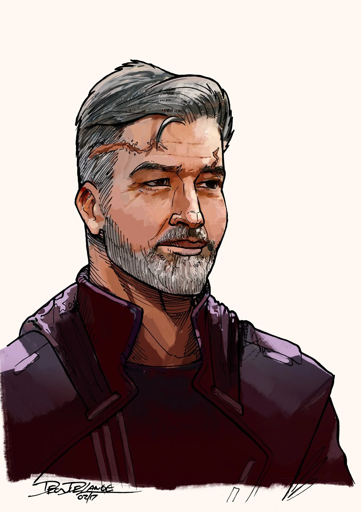 A character from Liberty: Vigilance, a sci-fi actual play podcast. A man with white hair, a white beard, and a scar on the side of his temple. He resembles Peter Joseph Lewis.