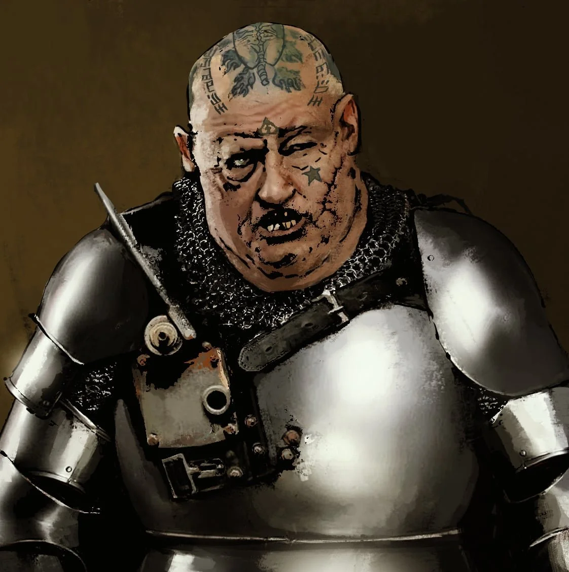 A character from Liberty: Critical Research, a science fiction podcast. A large man in a war mask and metal football-like armor is covered in blood. He looks terrifying.