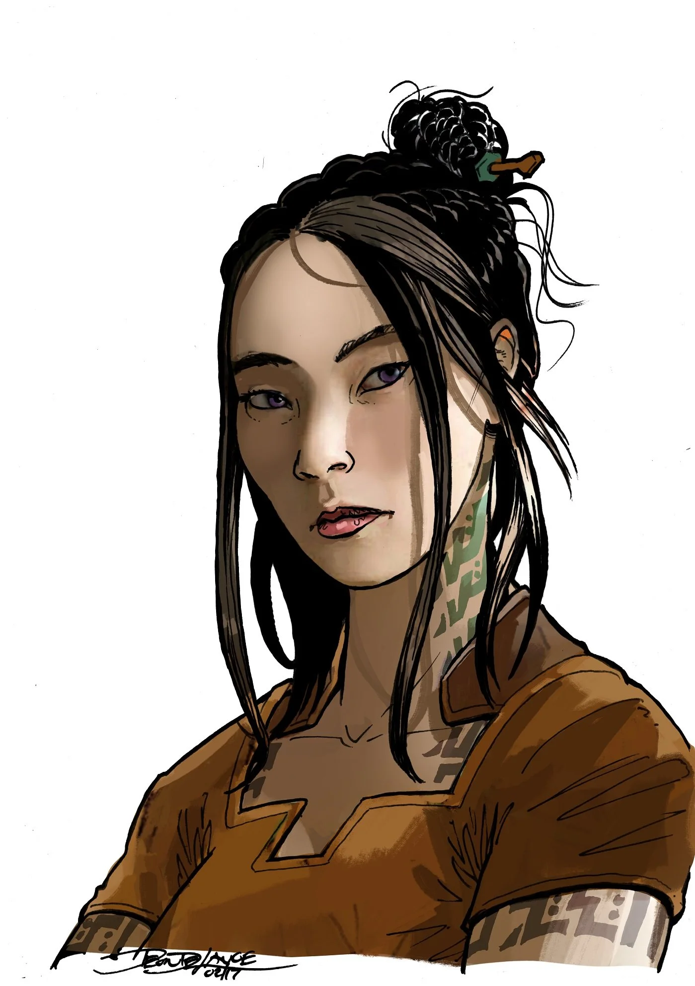 A character from Liberty: Vigilance, a sci-fi actual play podcast. A woman with pinned up black hair and green tattoos on her neck.