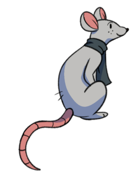 A character from The Boar Knight, an all-ages fiction podcast. A small curious mouse looking at the video, wearing a green scarf.